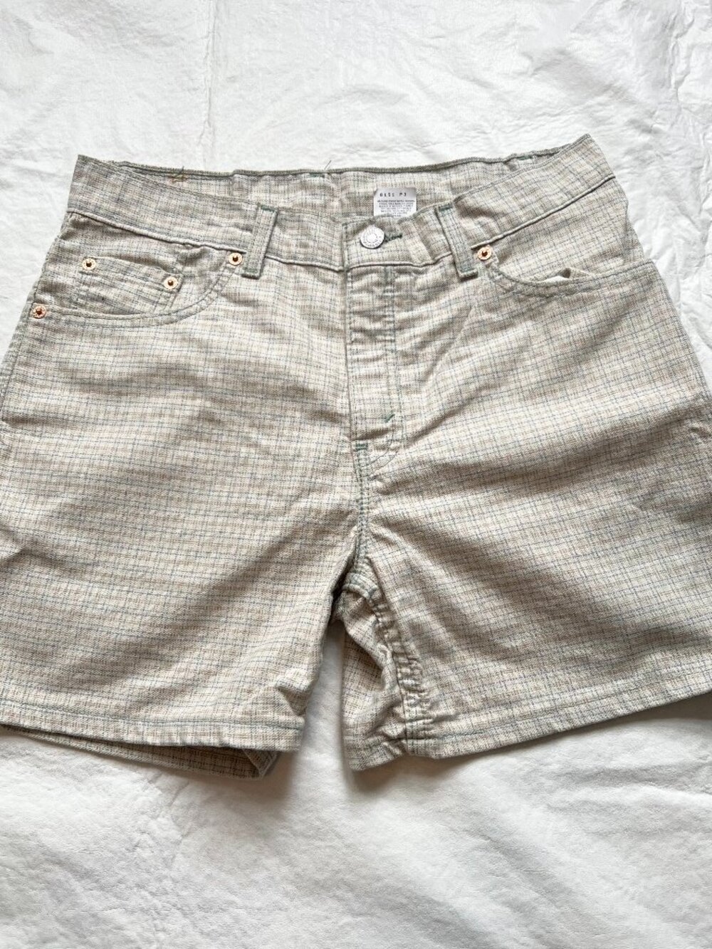 Vintage 90s Levis jean shorts beige brown blue grid 953 womens 8 high waisted